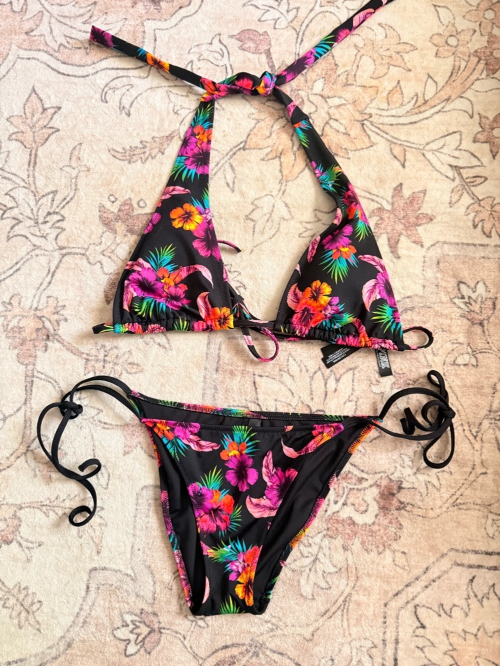 Victoria's Secret Black Floral Tie-Side Triangle Bikini